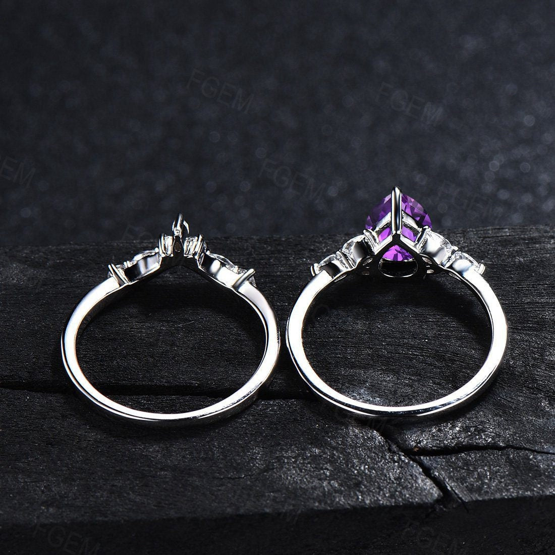 1.25ct Pear Shaped Natural Amethyst Ring Set Silver Platinum Purple Crystal Amethyst Wedding Bridal Ring February Birthstone Jewelry Gifts