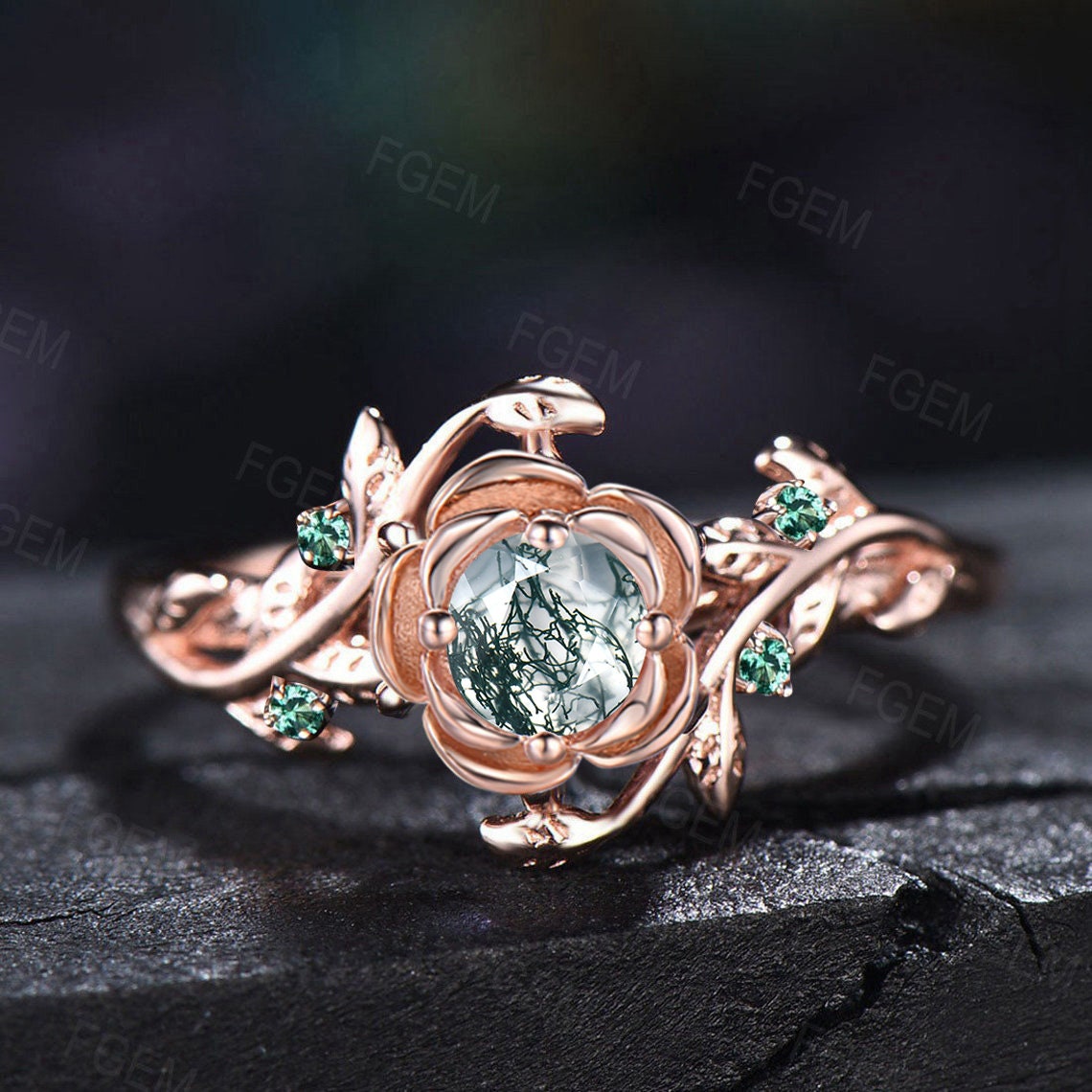 Nature Inspired Moss Agate Engagement Ring 10K Rose Gold Rose Flower Wedding Ring Vintage Leaf Branch Moss Ring Cluster Green Emerald Ring