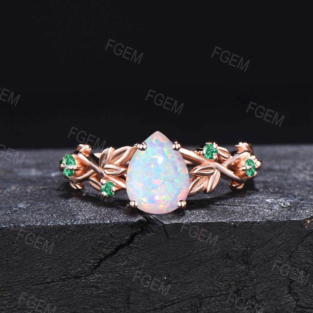 Nature Inspired White Opal Engagement Ring Set Vintage 1.25ct Pear Shaped Unique Branch Leaf Solitaire Ring Green Emerald Wedding Ring Set