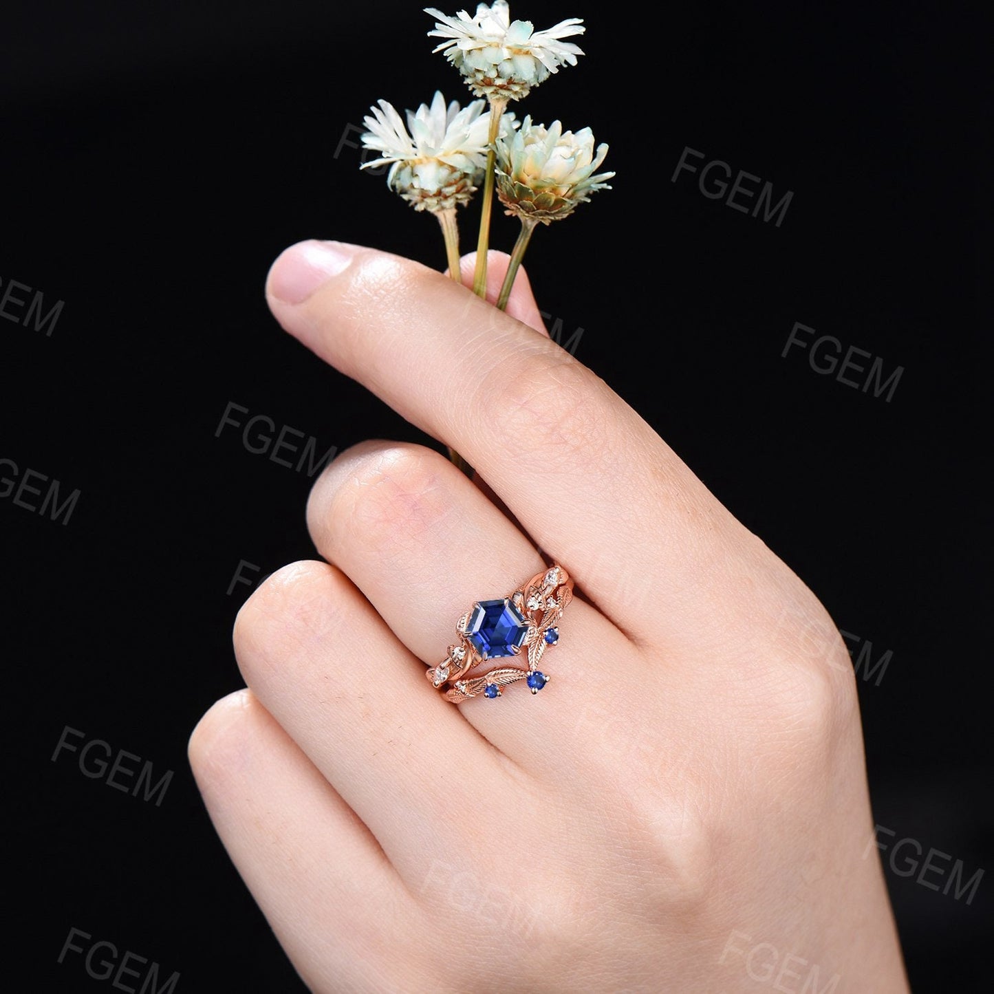 Unique Leaves Blue Sapphire Engagement Ring Set 14K Rose Gold 1ct Hexagon Cut Blue Sapphire Bridal Set Handmade Nature Inspired Jewelry Gift