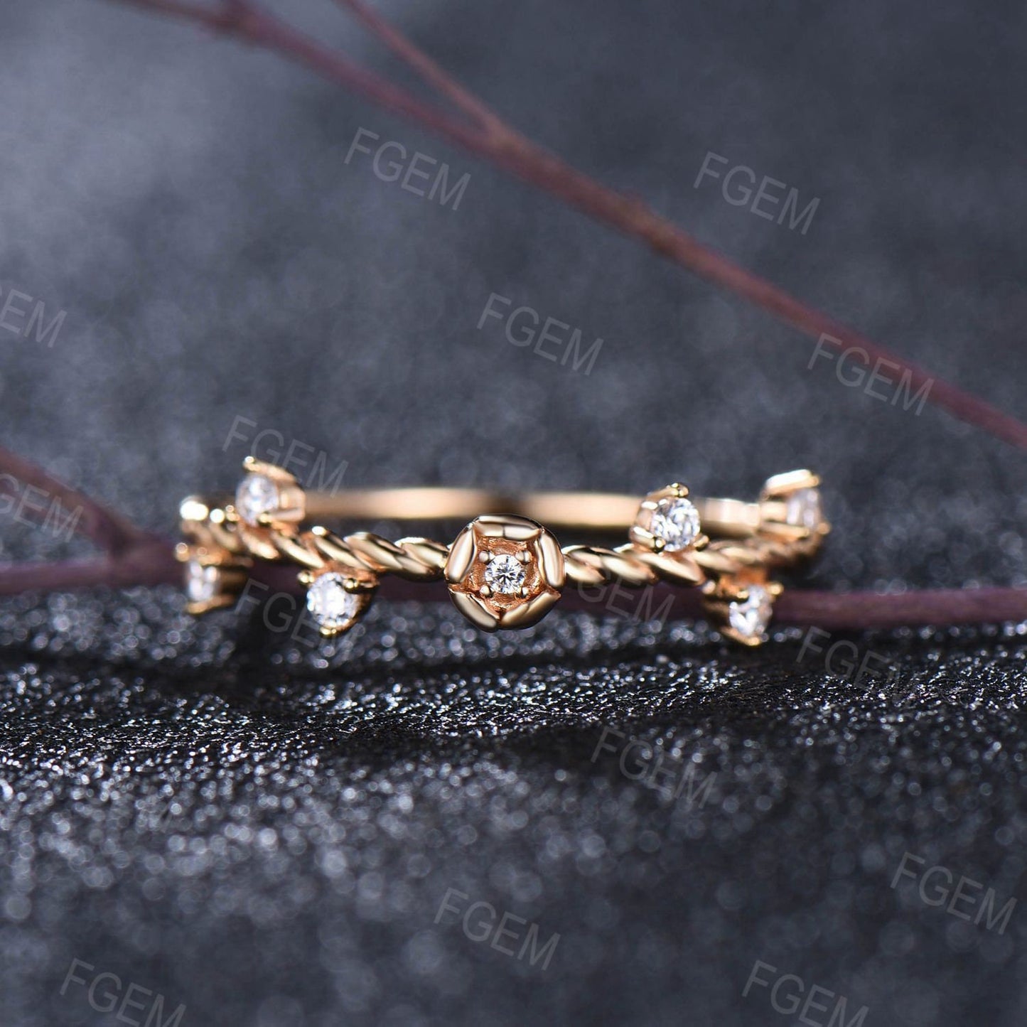 Dainty Rose Flower Moissanite Nature Inspired Wedding Band 10K Yellow Gold Floral Round Moissanite Twisted Wedding Ring Unique Promise Gifts