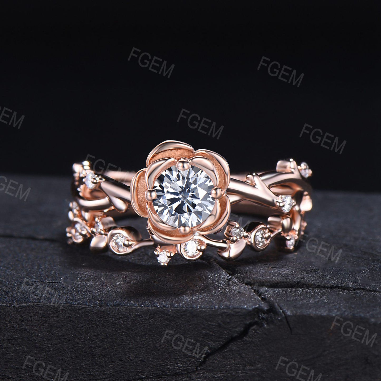 Nature Inspired Grey Moissanite Twig Ring Set Round Cut Rose Flower Engagement Ring 10K Rose Gold Grey Moissanite Ring Floral Promise Ring