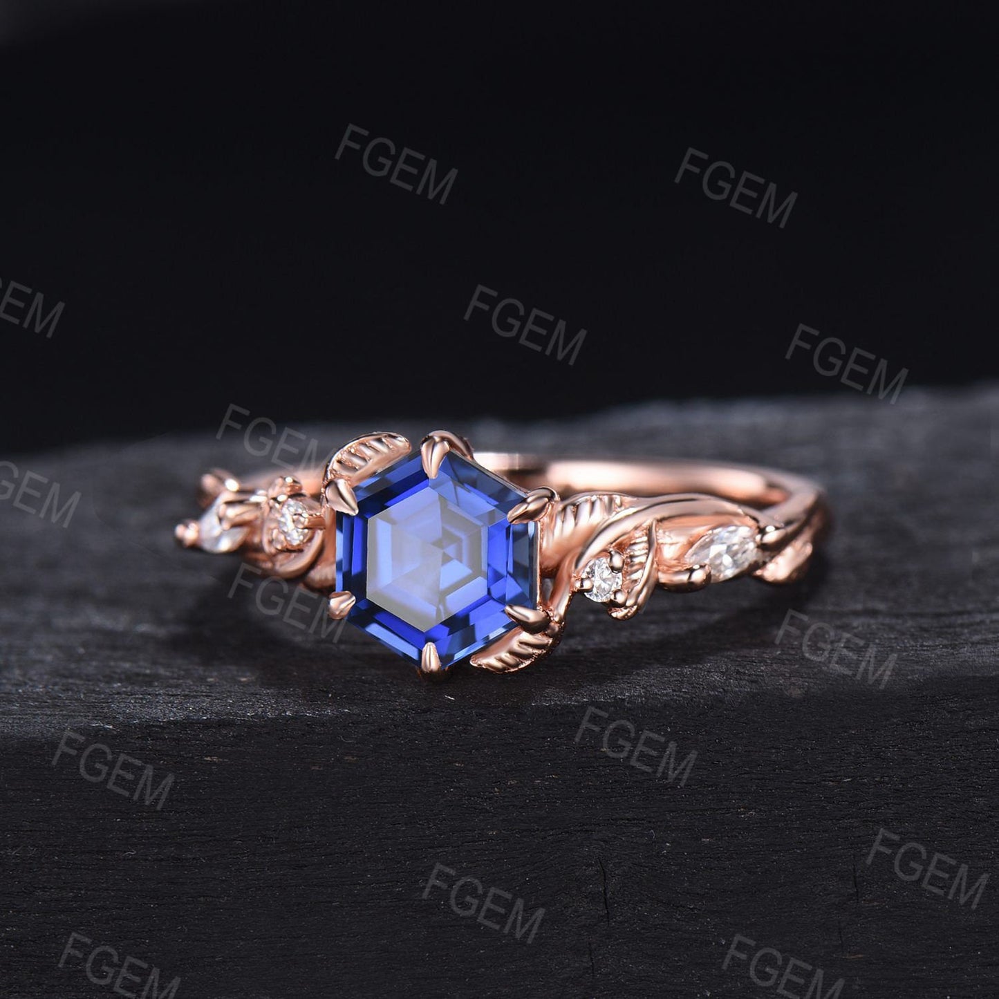 Leaves Blue Sapphire Engagement Ring 14K Rose Gold 1ct Hexagon Cut Blue Sapphire Twig Ring Personalized Nature Inspired Jewelry Propose Gift