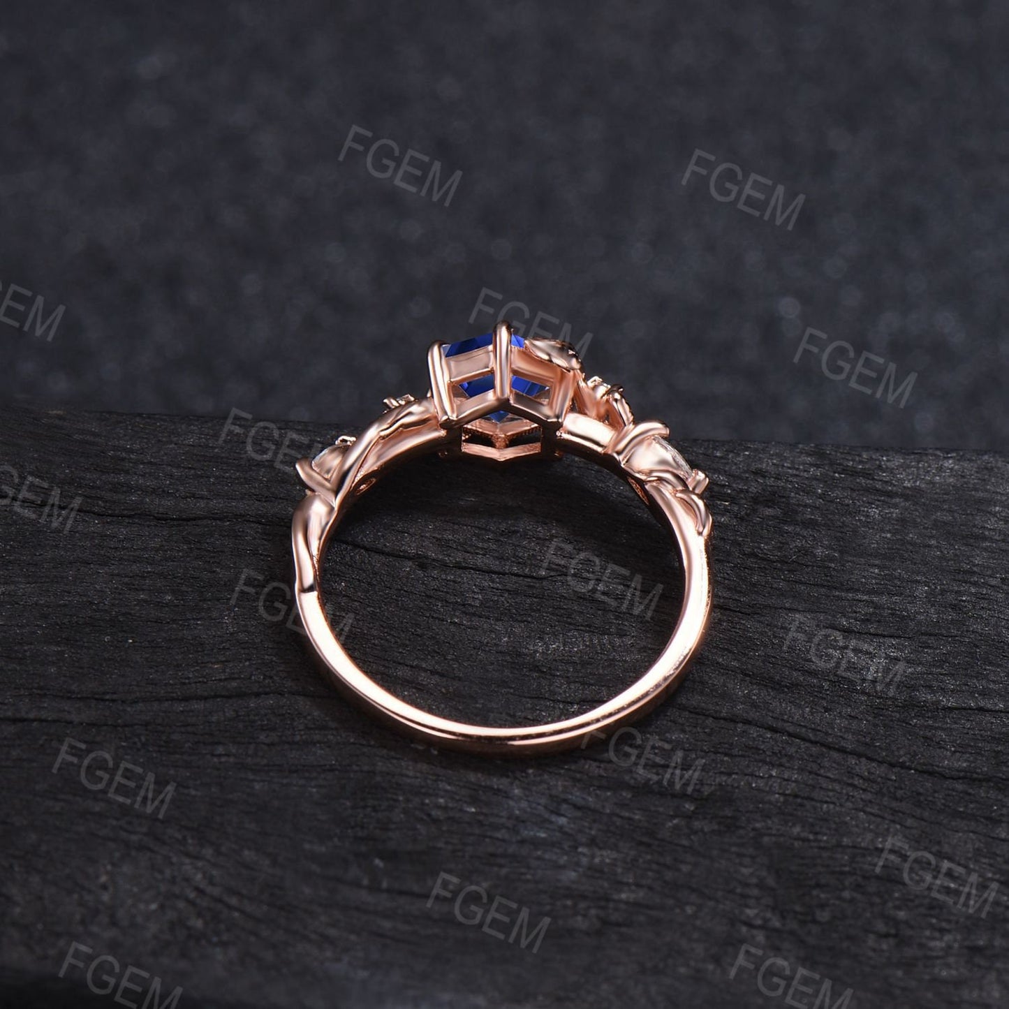 Leaves Blue Sapphire Engagement Ring 14K Rose Gold 1ct Hexagon Cut Blue Sapphire Twig Ring Personalized Nature Inspired Jewelry Propose Gift