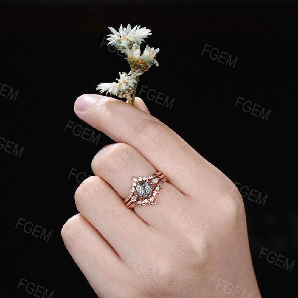 3pcs Black Bridal Set Hexagon Natural Black Rutilated Quartz Engagement Ring CZ Diamond Stacking Matching Wedding Band Black Stone Jewelry