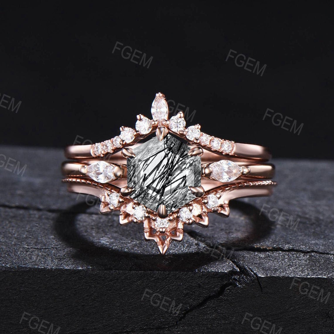 3pcs Black Bridal Set Hexagon Natural Black Rutilated Quartz Engagement Ring CZ Diamond Stacking Matching Wedding Band Black Stone Jewelry