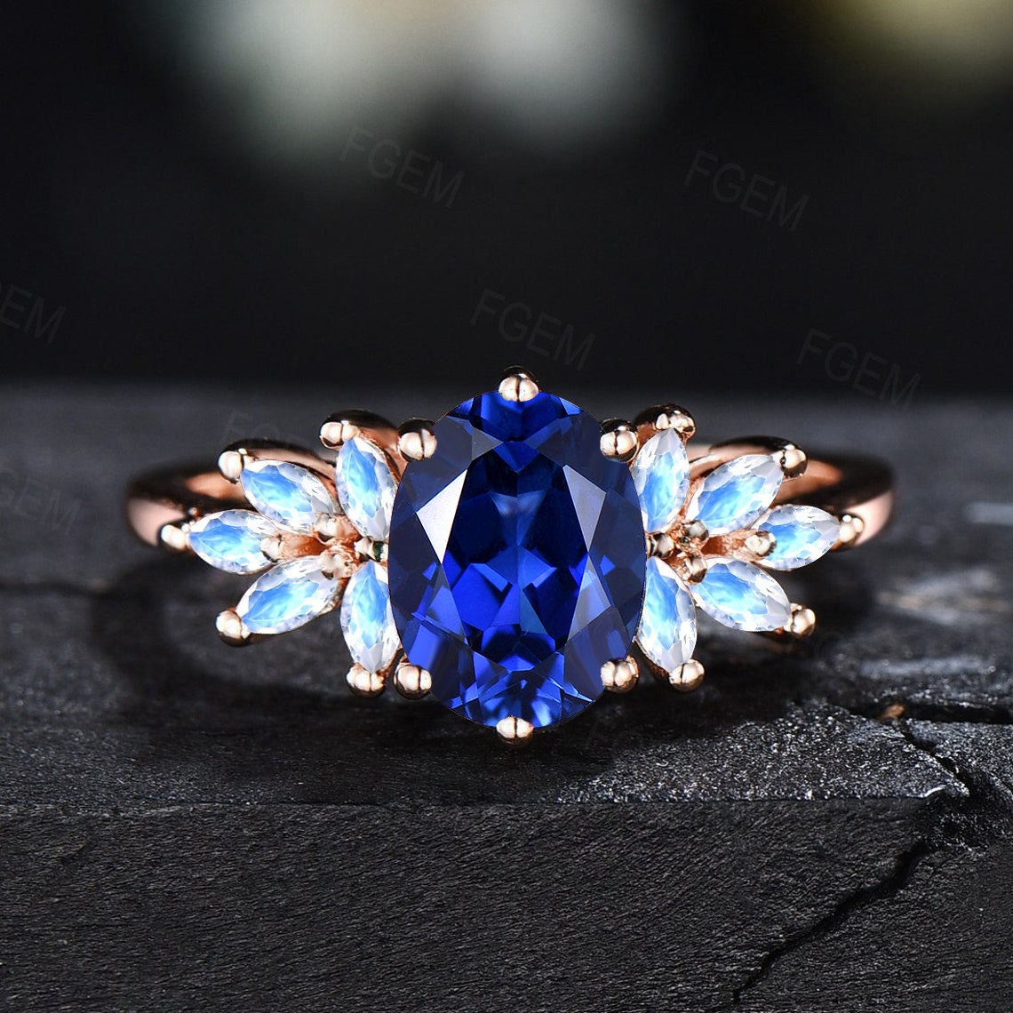 Sterling Silver 1.5ct Oval Cut Blue Sapphire Engagement Ring Vintage September Birthstone Ring Marquise Moonstone Cluster Ring Promise Gift