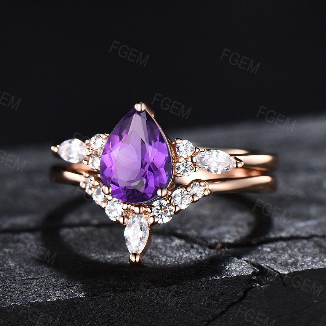 1.25ct Pear Shaped Natural Amethyst Ring Set for Women Sterling Silver Purple Crystal Amethyst Wedding Ring February Birthstone Jewelry Gift