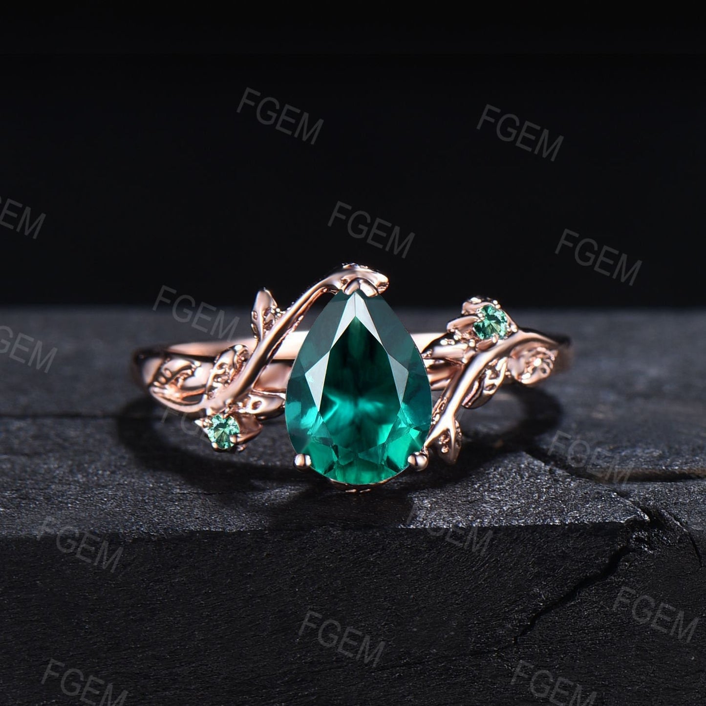 Vintage Green Emerald Nature Inspired Wedding Ring For Her Rose Gold Leaf Engagement Ring May Birthstone Ring Personalized Birthday Gifts