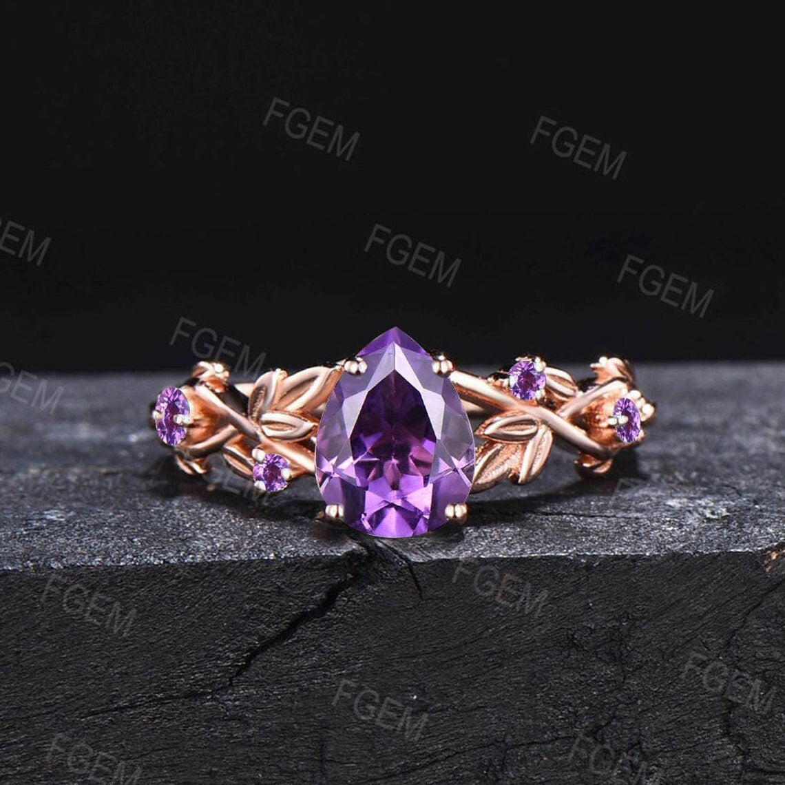 Amethyst Engagement Rings 1.25ct Pear Nature Inspired Twig Leaf Purple Crystal Bridal Ring Twisted Band February Birthstone Jewelry Gifts