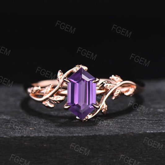 Hexagon Cut Natural Amethyst Engagement Ring Twig Leaf Purple Crystal Ring Nature Inspired Amethyst Wedding Ring February Birthstone Jewelry