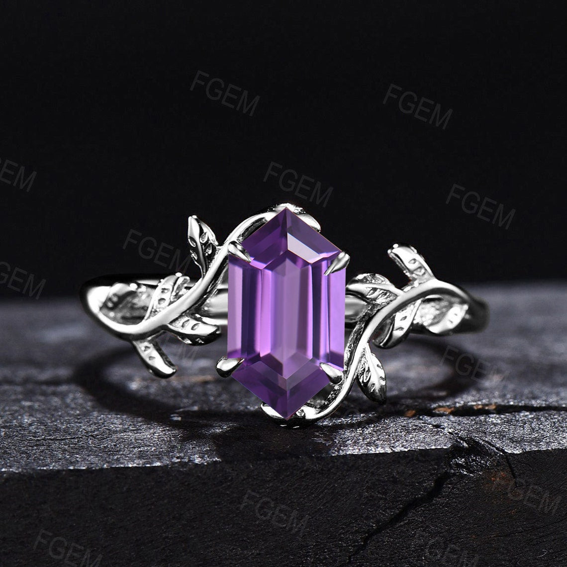 Hexagon Cut Natural Amethyst Engagement Ring Twig Leaf Purple Crystal Ring Nature Inspired Amethyst Wedding Ring February Birthstone Jewelry