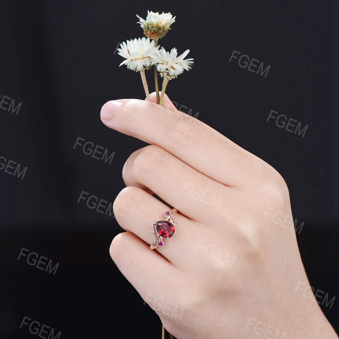 Nature Inspired Twig Leaf Ruby Engagement Ring 1.25ct Pear Ruby Ring Red Gemstone Jewelry Pink Tourmaline Wedding Ring July Birthstone Gift