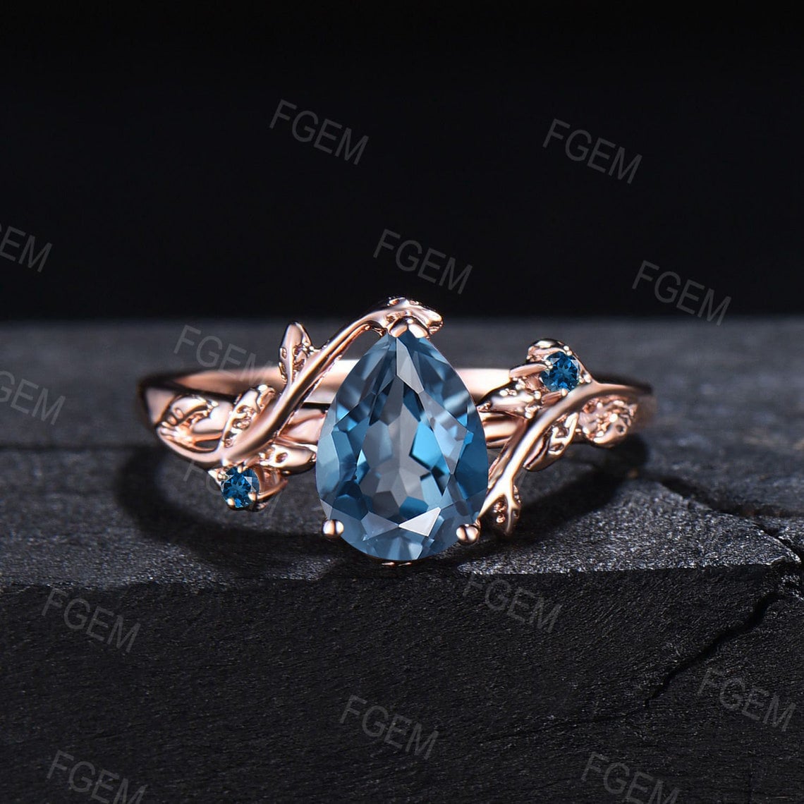Nature Inspired London Blue Topaz Ring Set December Birthstone Blue Wedding Ring Unique Pear Shaped Leaf London Blue Topaz Engagement Rings