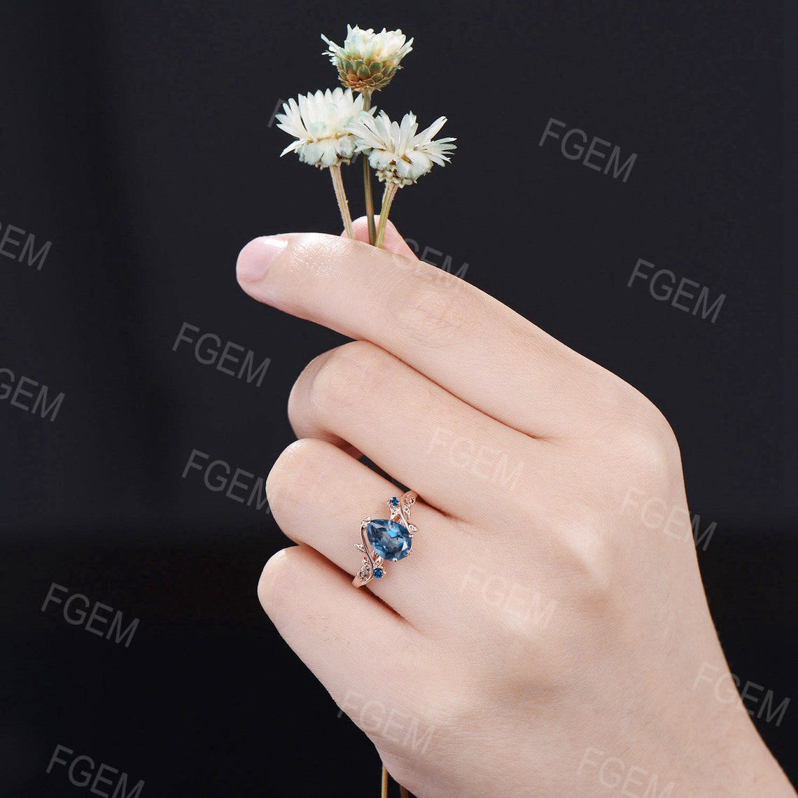Nature Inspired London Blue Topaz Ring Set December Birthstone Blue Wedding Ring Unique Pear Shaped Leaf London Blue Topaz Engagement Rings