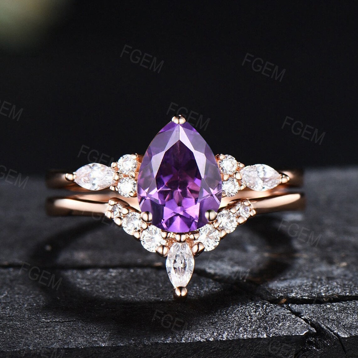 1.25ct Pear Shaped Natural Amethyst Ring Set for Women Sterling Silver Purple Crystal Amethyst Wedding Ring February Birthstone Jewelry Gift