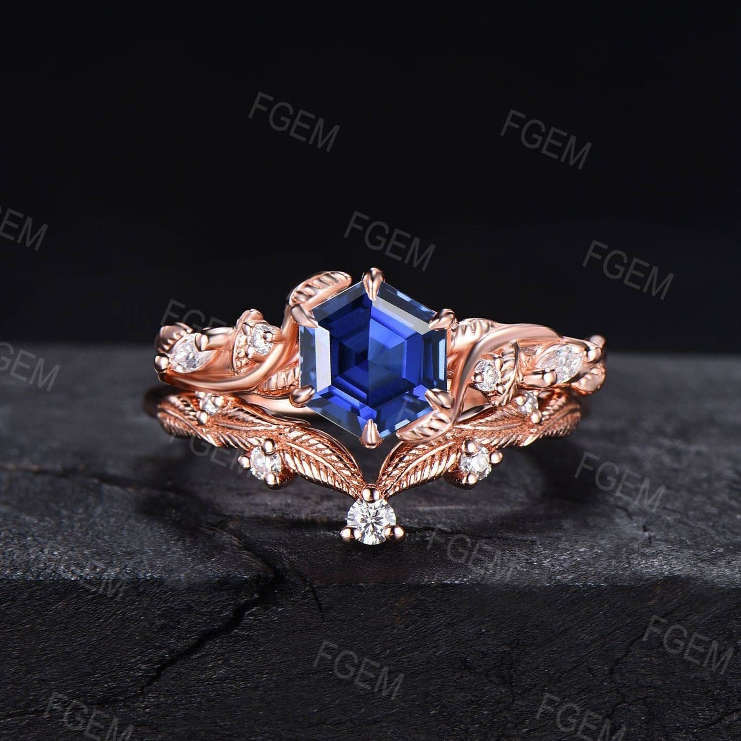 Unique Blue Sapphire Engagement Ring Set 14K Rose Gold Hexagon Nature Inspired Blue Sapphire Ring Handmade September Birthstone Jewelry Gift