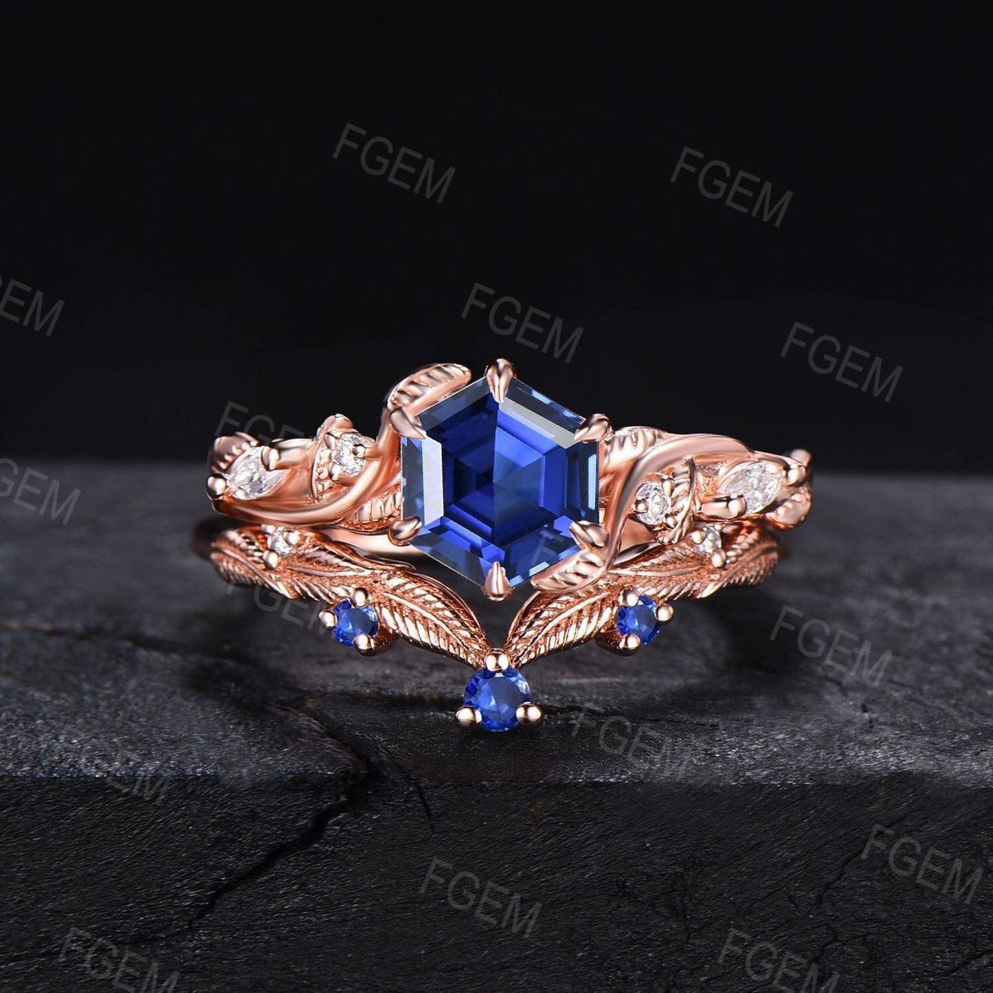 Unique Leaves Blue Sapphire Engagement Ring Set 14K Rose Gold 1ct Hexagon Cut Blue Sapphire Bridal Set Handmade Nature Inspired Jewelry Gift