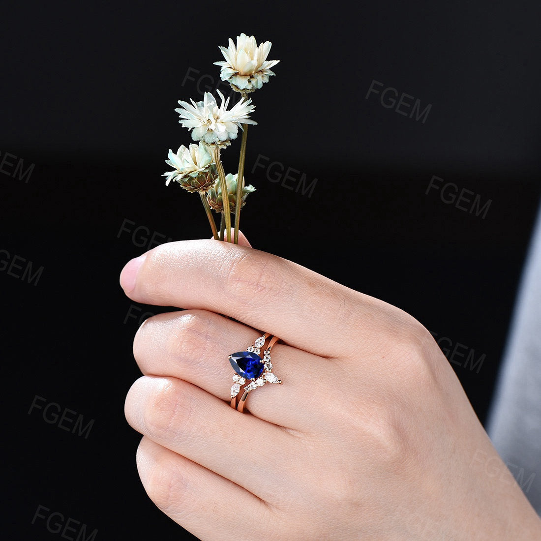 Sterling Silver Blue Sapphire Engagement Ring Set Vintage 1.25ct Pear Shaped Blue Sapphire Bridal Set September Birthstone Gift Promise Ring