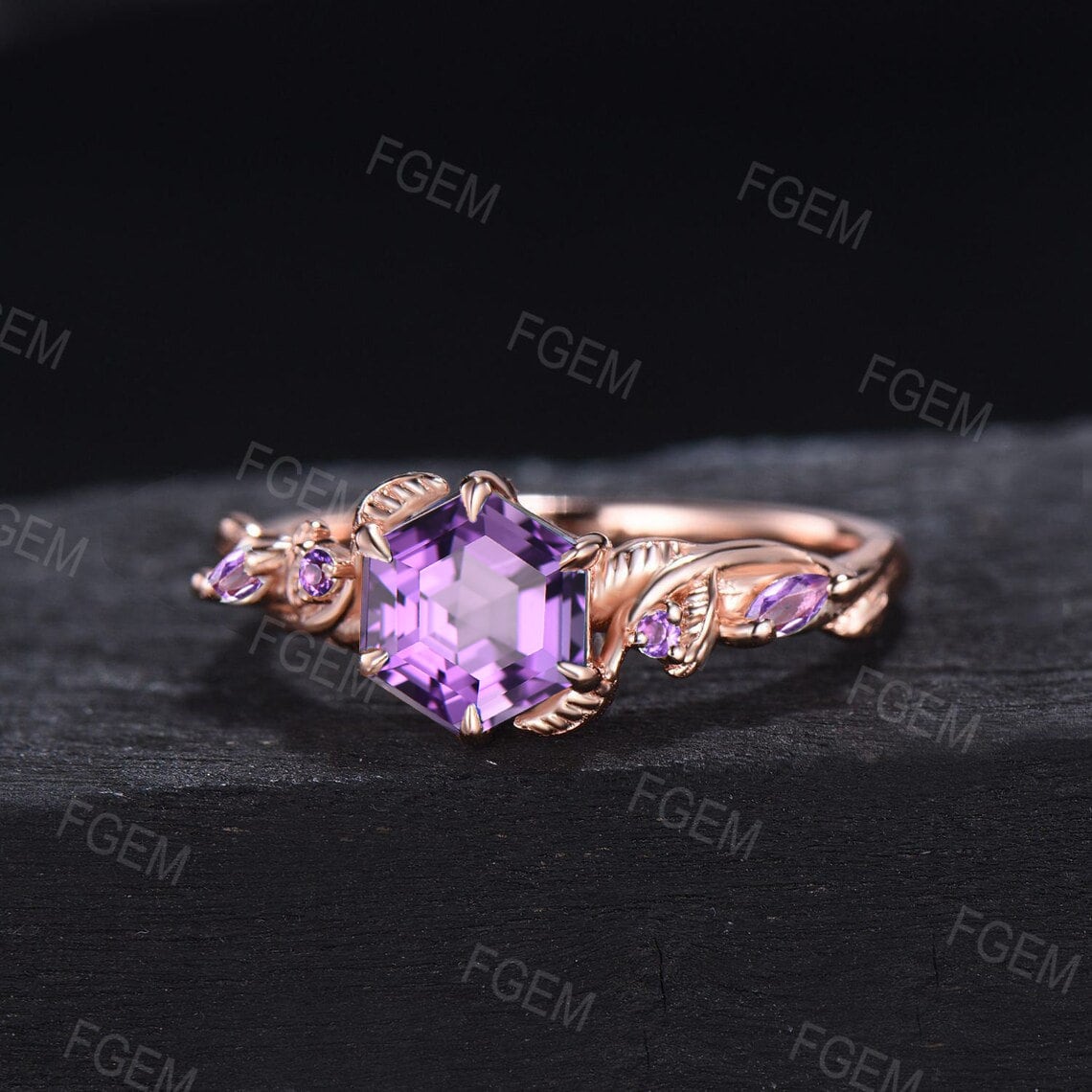 1ct Hexagon Cut Natural Amethyst Twist Leaf Engagement Ring 10K Rose Gold Purple Crystal Ring Amethyst Wedding Ring February Birthstone Gift