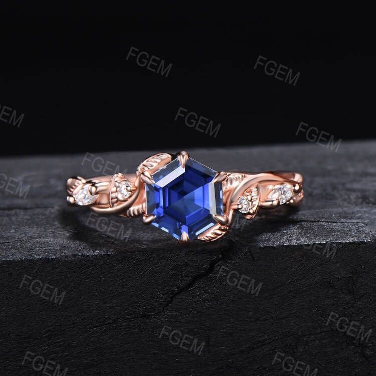 Leaves Blue Sapphire Engagement Ring 14K Rose Gold 1ct Hexagon Cut Blue Sapphire Twig Ring Personalized Nature Inspired Jewelry Propose Gift