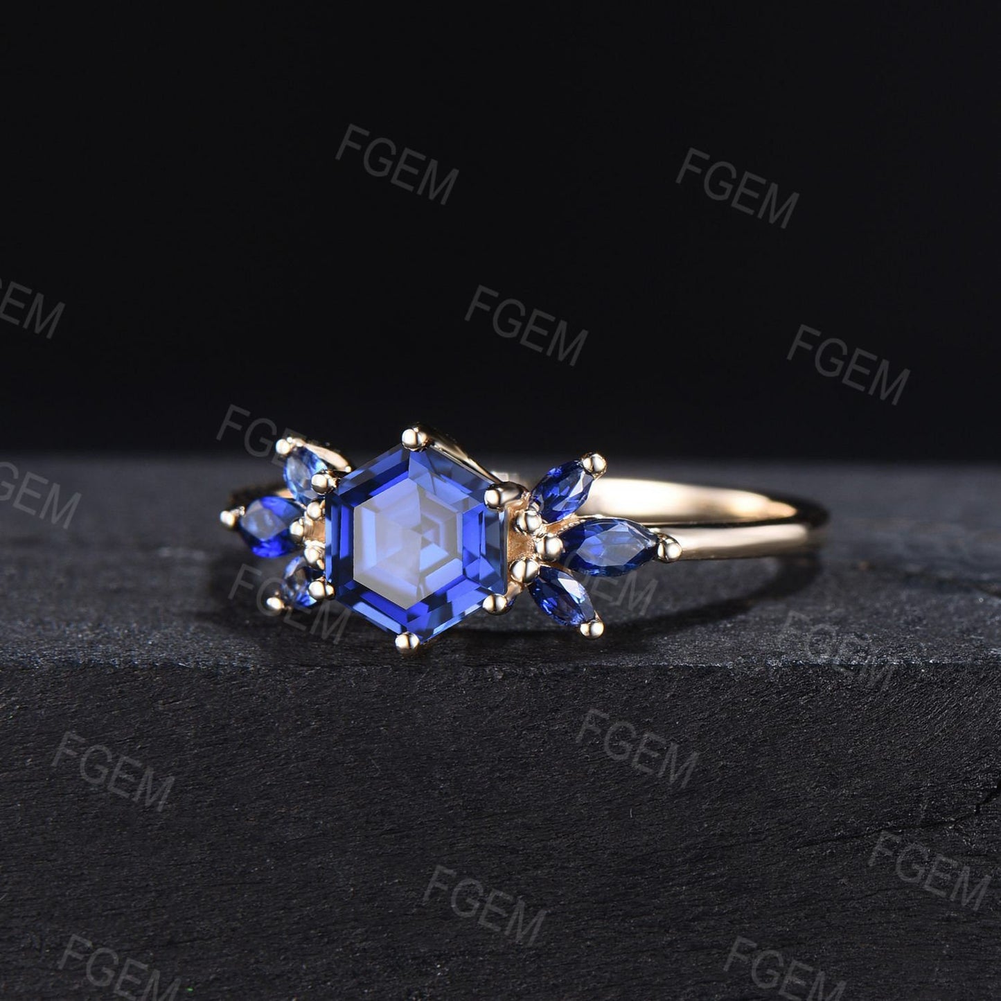 1ct Hexagon Cut Blue Sapphire Cluster Engagement Ring Vintage September Birthstone Promise Ring Unique Handmade Proposal Gifts for Women