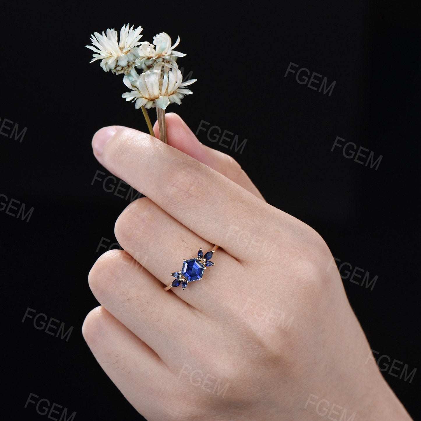 1ct Hexagon Cut Blue Sapphire Cluster Engagement Ring Vintage September Birthstone Promise Ring Unique Handmade Proposal Gifts for Women