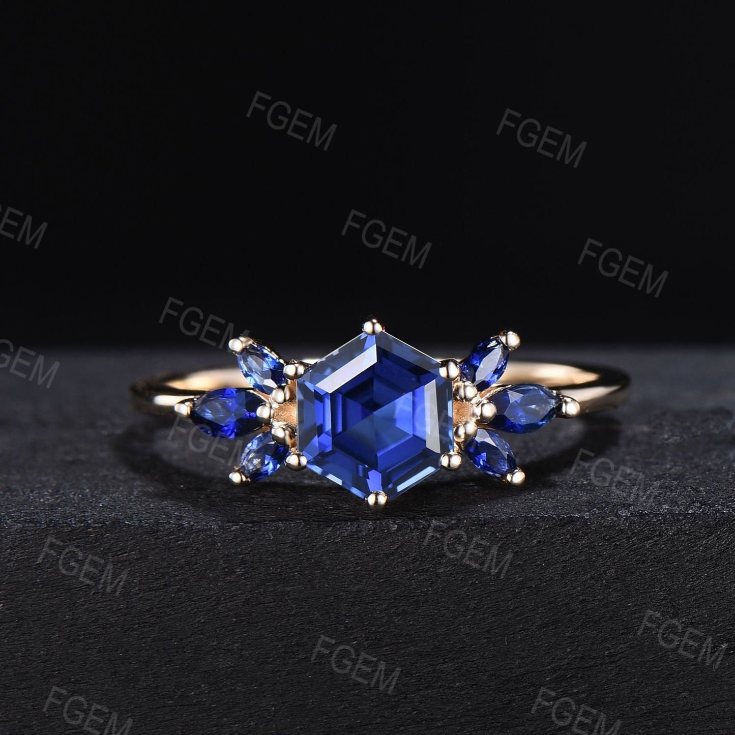 1ct Hexagon Cut Blue Sapphire Cluster Engagement Ring Vintage September Birthstone Promise Ring Unique Handmade Proposal Gifts for Women