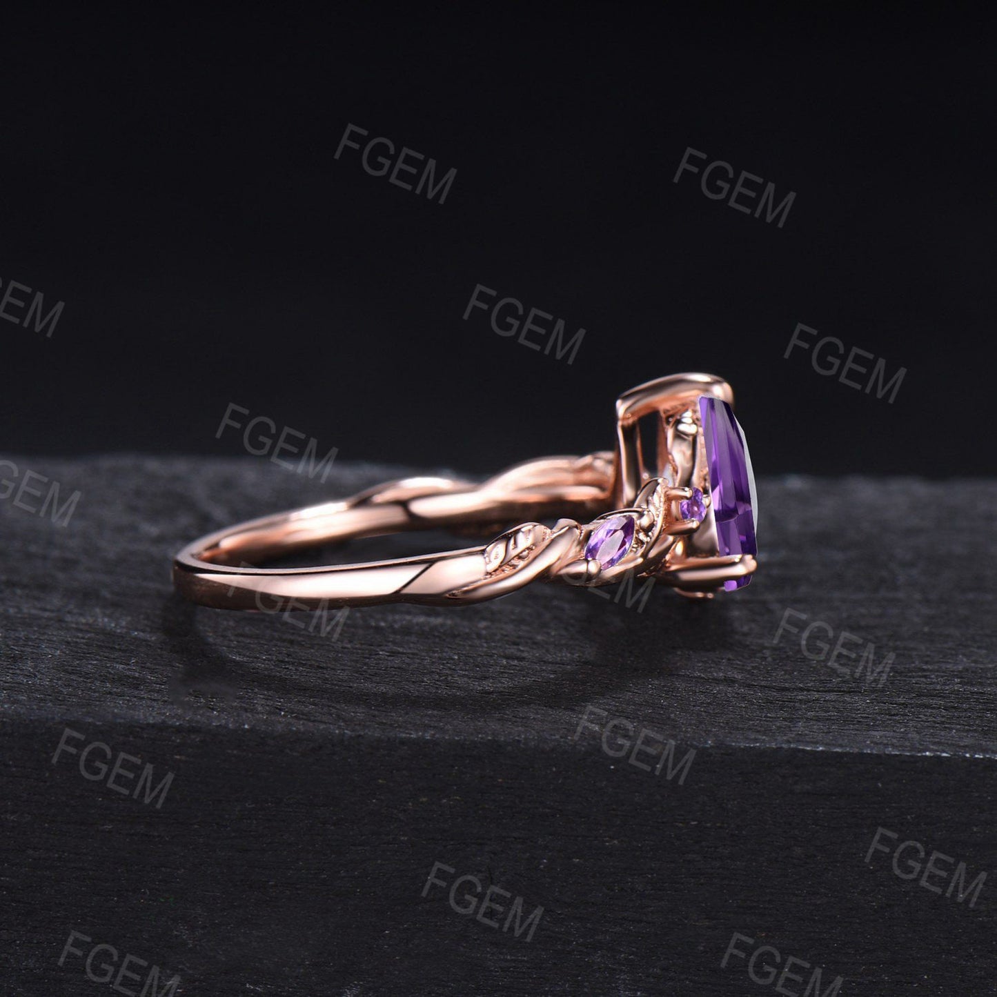 Nature Inspired Purple Amethyst Engagement Ring Rose Gold Twisted Leaf Ring Natural Purple Healing Crystal Ring February Birthstone Jewelry