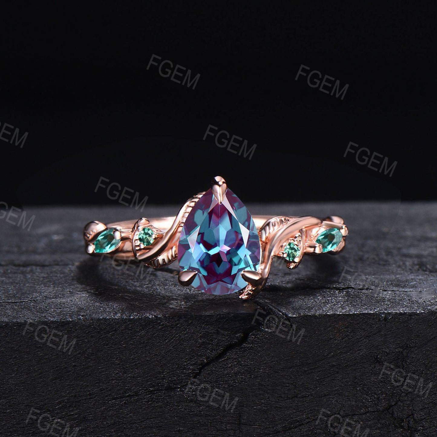 Twisted Engagement Ring Set 1.25ct Pear Twig Alexandrite Engagement Ring Set 14K Rose Gold Nature Inspired Branch Leaf Emerald Wedding Ring