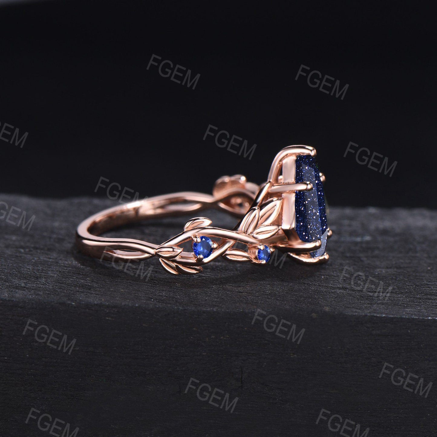 Nature Inspired Blue Goldstone Engagement Rings 14K Rose Gold Kite Galaxy Blue Sandstone Ring Blue Sapphire Leaf Wedding Ring Promise Gifts