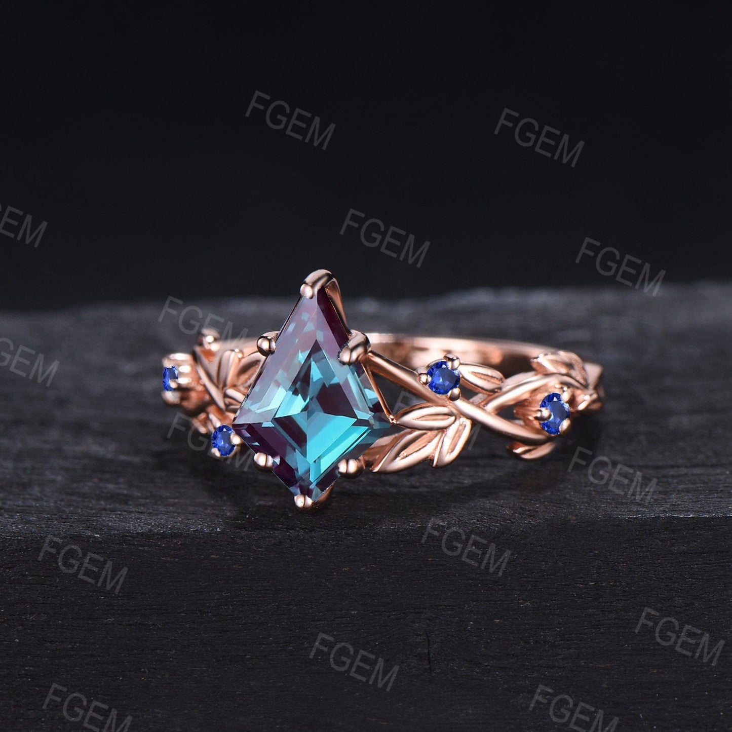Nature Inspired Color-Change Alexandrite Ring Kite Cut Alexandrite Engagement Ring Leaf Vine Blue Sapphire Wedding Ring Unique Promise Gift