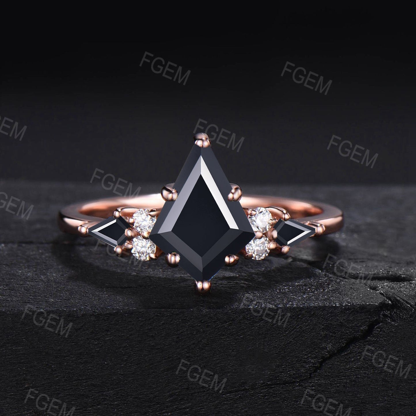 Unique Black Bridal Set 3pc Kite Cut Black Onyx Engagement Ring Set Vintage Antique Art Deco Celtic Knot Black Wedding Ring Set Promise Ring