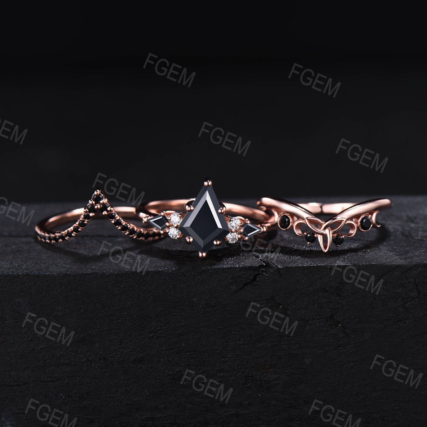 Unique Black Bridal Set 3pc Kite Cut Black Onyx Engagement Ring Set Vintage Antique Art Deco Celtic Knot Black Wedding Ring Set Promise Ring
