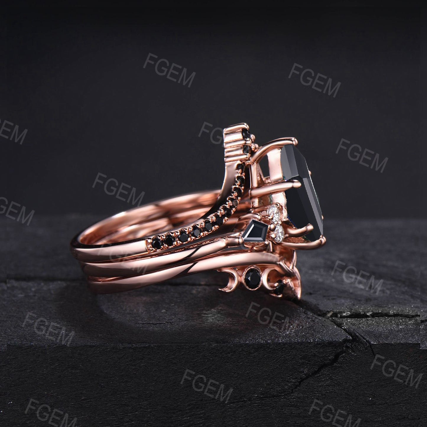 Unique Black Bridal Set 3pc Kite Cut Black Onyx Engagement Ring Set Vintage Antique Art Deco Celtic Knot Black Wedding Ring Set Promise Ring