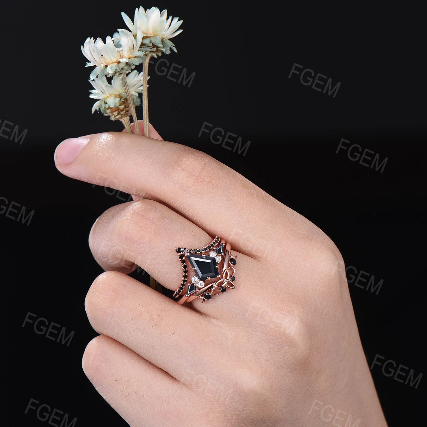 Unique Black Bridal Set 3pc Kite Cut Black Onyx Engagement Ring Set Vintage Antique Art Deco Celtic Knot Black Wedding Ring Set Promise Ring
