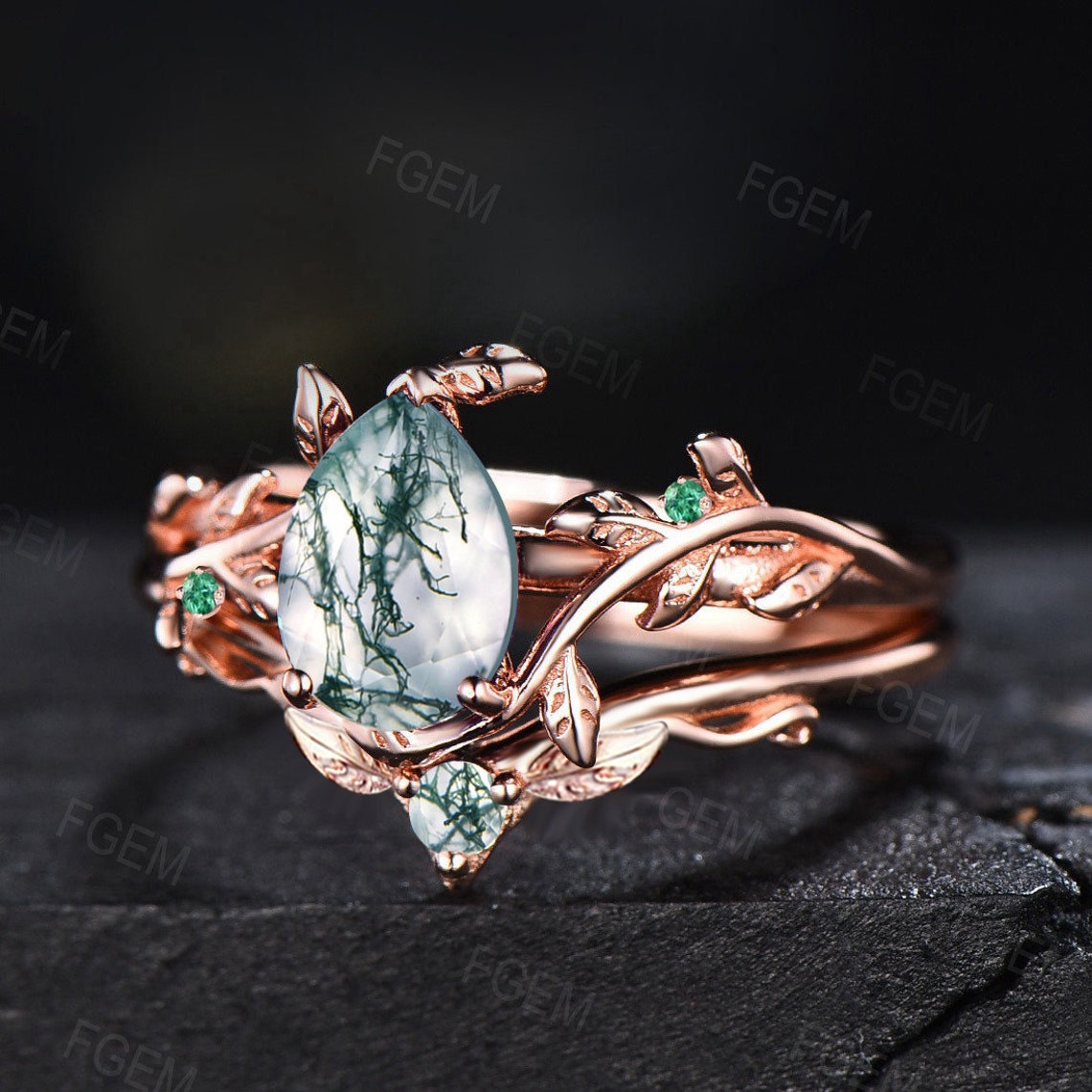 1.25ct Pear Natural Moss Agate Nature Wedding Ring Set Rose Gold Vintage Branch Emerald Cluster Ring Leaf Bridal Set Unique Anniversary Gift