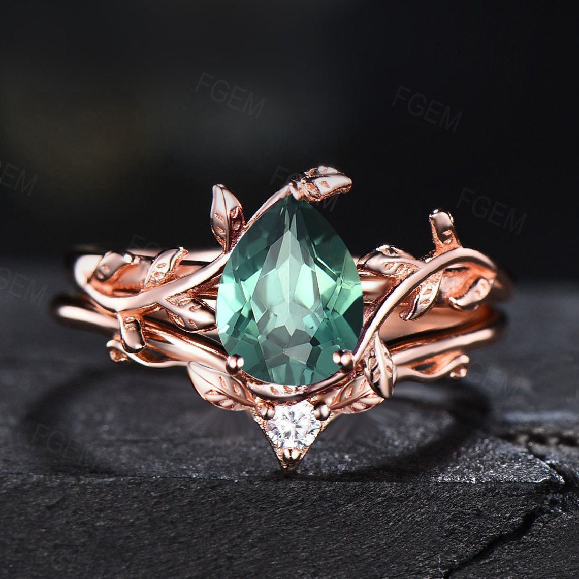 Nature Inspired Green Sapphire Ring 1.25ct Pear Shaped Green Blue Montana Teal Sapphire Leaf Engagement Ring Branch Design Solitaire Ring