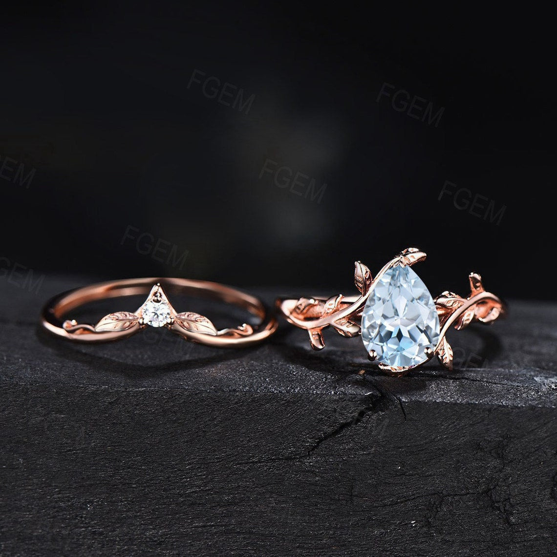 Natural Aquamarine Bridal Set Nature Inspired Engagement Rings Solid 14K Rose Gold Ring Unique Leaf Wedding Ring Set March Birthstone Gift