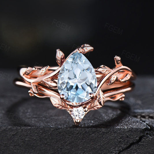 Natural Aquamarine Bridal Set Nature Inspired Engagement Rings Solid 14K Rose Gold Ring Unique Leaf Wedding Ring Set March Birthstone Gift