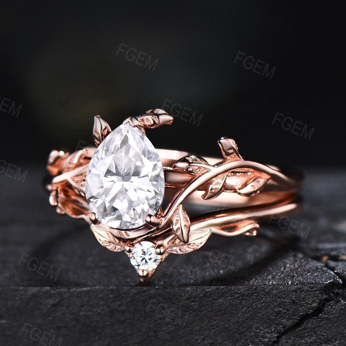 1.25ct Pear Shaped Moissanite Engagement Ring Rose Gold Diamond Wedding Ring Leaf Vine Solitaire Gemstone Ring Bridal Set Anniversary Gift