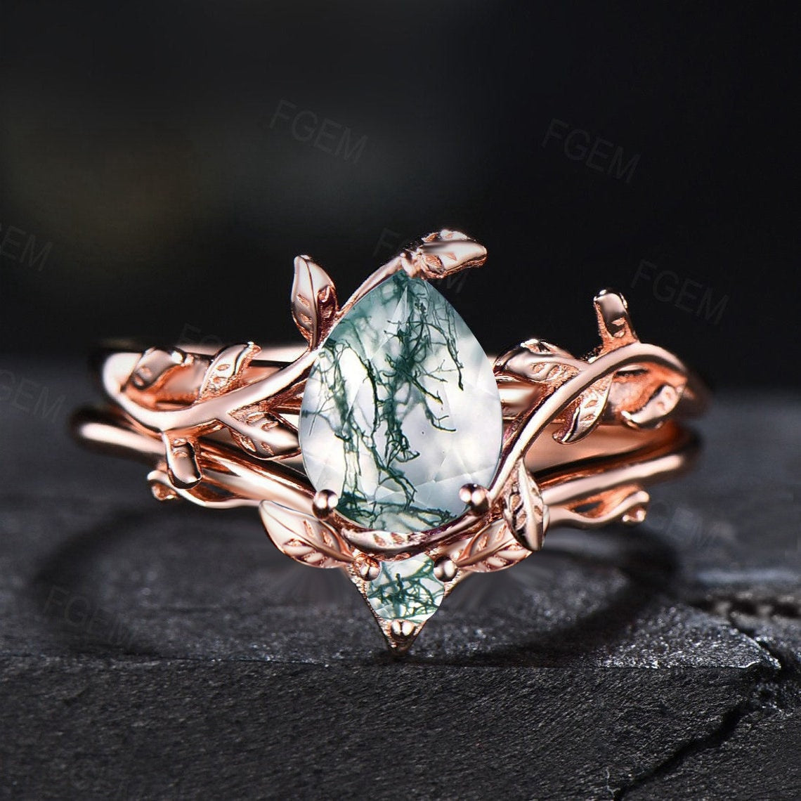 Nature Inspired Engagement Rings Sets 14K Rose Gold Pear Shaped Natural Moss Agate Leaf Wedding Ring Unique Solitaire Rings Anniversary Gift