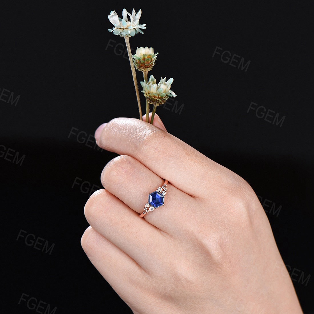 Sterling Silver 1CT Hexagon Cut Blue Sapphire Snowdrift Cluster Engagement Ring Vintage Blue Wedding Ring September Birthstone Promise Ring