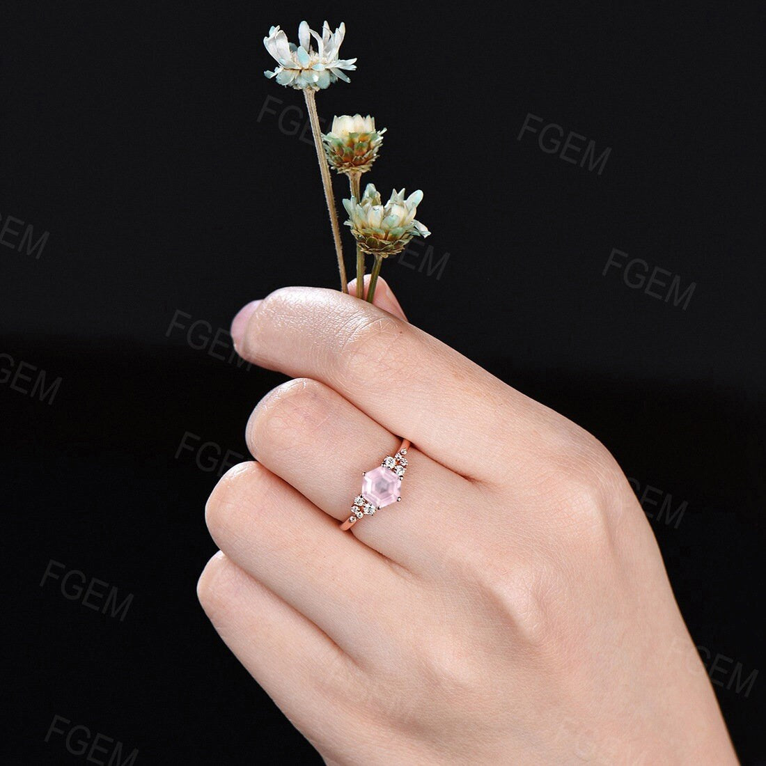 Natural Rose Quartz Wedding Ring Sterling Silver Hexagon Cut Cluster Engagement Ring Pink Wedding Promise Ring Personalized Gift for Lover