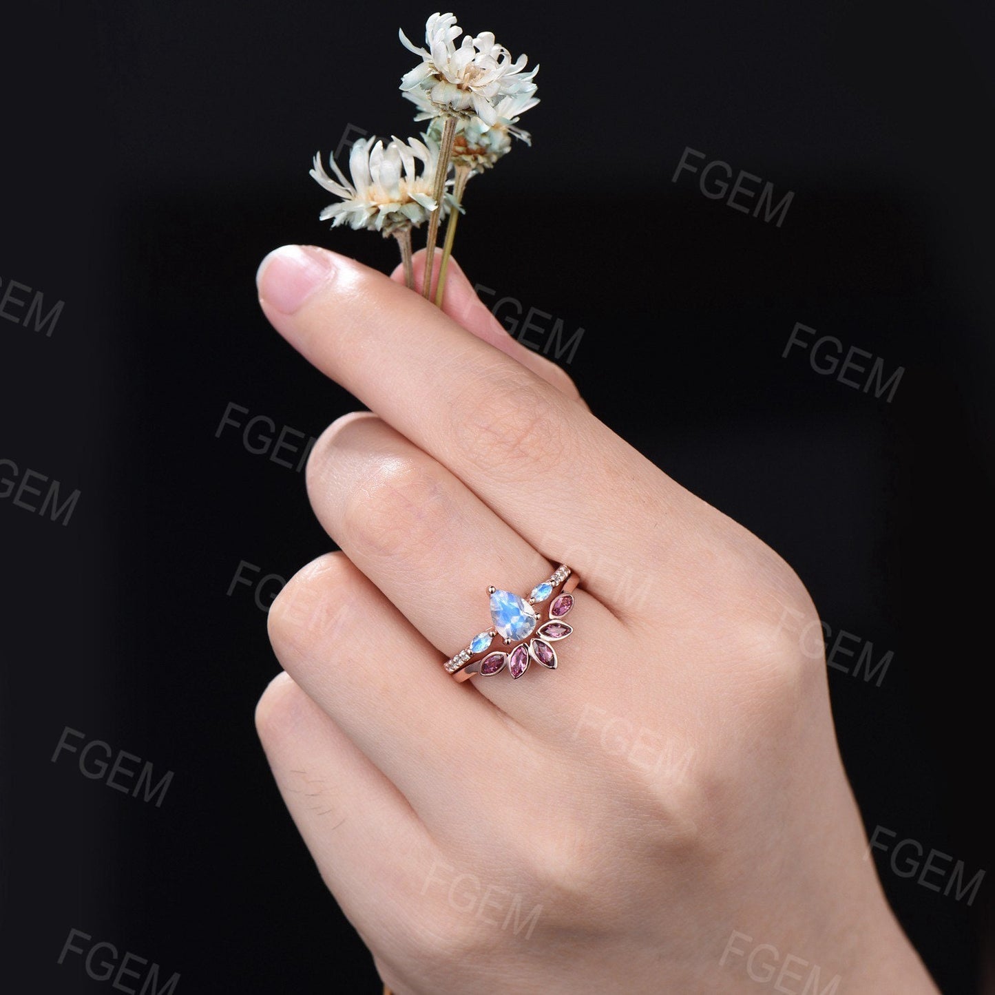 Pear Shaped Natural Rainbow Moonstone Engagement Ring Set Vintage Marquise Pink Tourmaline Curve Wedding Band June Birthstone Wedding Ring
