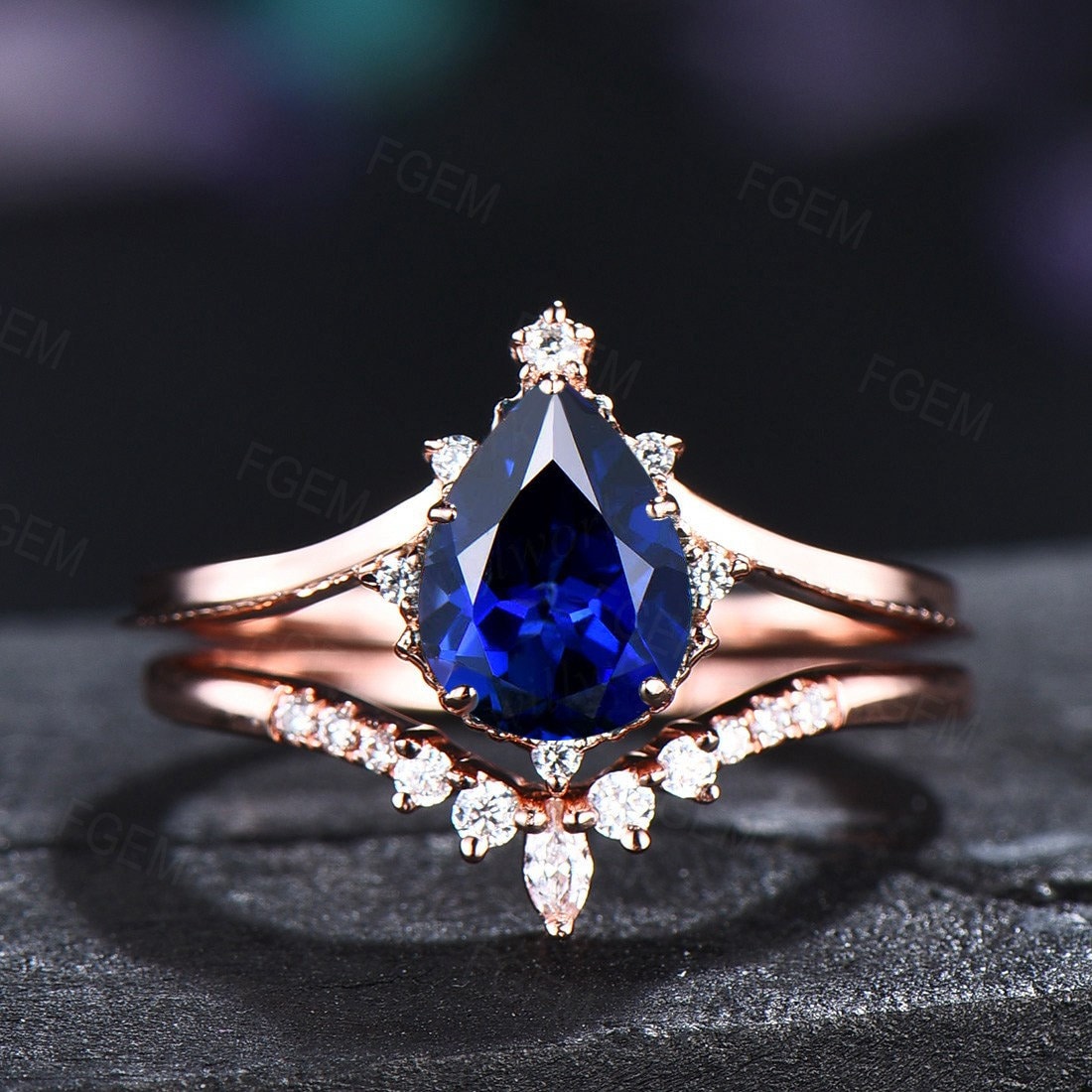 Sterling Silver 1.25ct Pear Shaped Blue Sapphire Engagement Ring September Birthstone Wedding Ring Blue Bridal Set Unique Anniversary Gifts