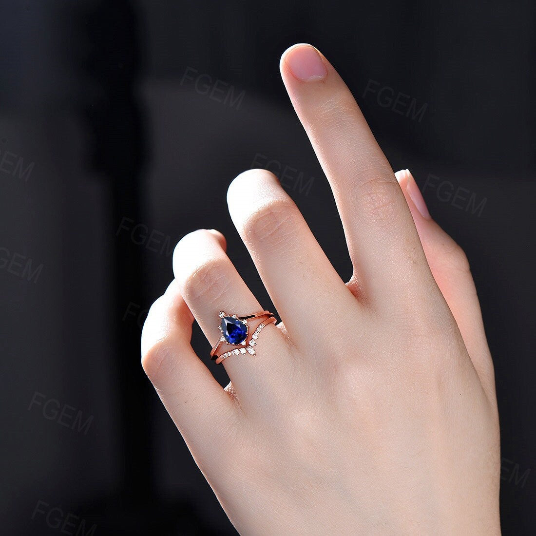 Sterling Silver 1.25ct Pear Shaped Blue Sapphire Engagement Ring September Birthstone Wedding Ring Blue Bridal Set Unique Anniversary Gifts