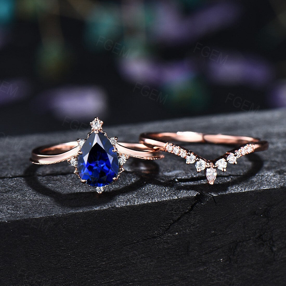 Sterling Silver 1.25ct Pear Shaped Blue Sapphire Engagement Ring September Birthstone Wedding Ring Blue Bridal Set Unique Anniversary Gifts