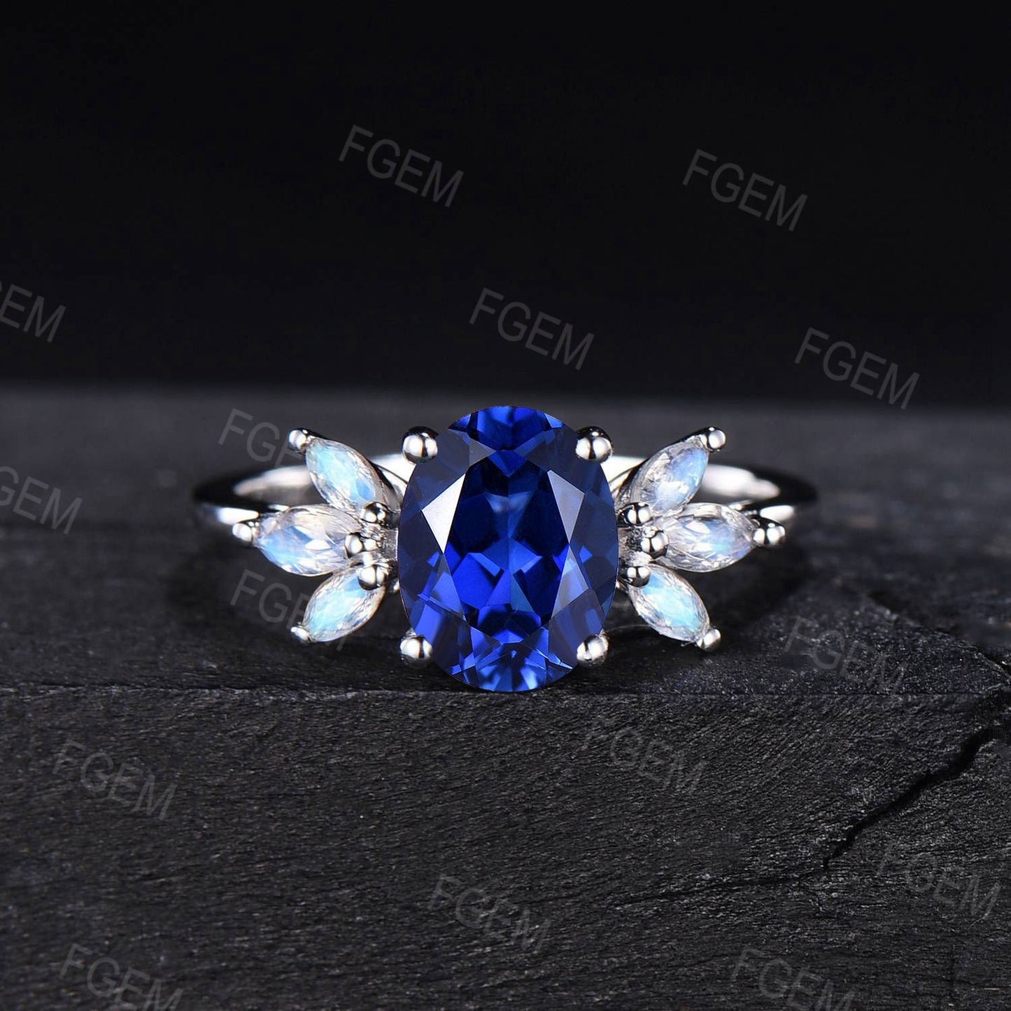 1.5ct Oval Blue Sapphire Ring White Gold Platinum Marquise Moonstone Ring Blue Gemstone Cluster Engagement Ring September Birthstone Gifts