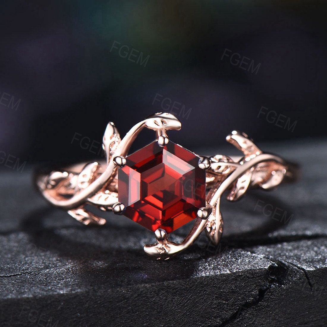 1ct Hexagon Cut Natural Garnet Ring Red Gemstone Jewelry Nature Inspired Twig Leaf Garnet Engagement Rings Unique January Birthstone Gifts